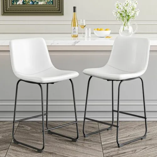 26in Bar Stools Set of 2 Counter Height with Back PU Leather Dining Chairs White