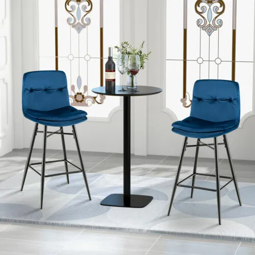 2PC Velvet Bar Stools Bar Height Kitchen Dining Chairs w/ Metal Legs Blue