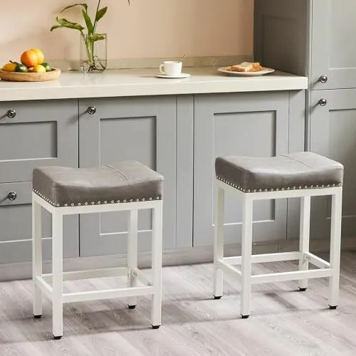 Bar Stools Set of 2, Counter Height 24 inch Saddle Stools, Modern PU Leather ...