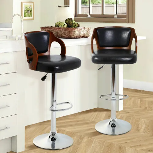 Black Modern Bar Stools Set of 2 Leather Bar Chairs Adjustable Air Lift Seat