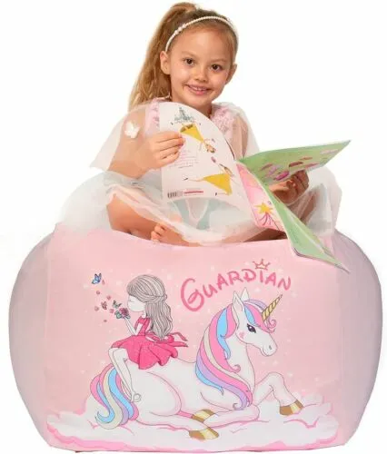 Unicorn Bean Bag Chairs for Girls Room Decor, Stuffed Animal Storage Pink