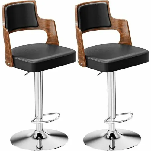 Bar Stools Set of 2 Counter Height Adjustable Swivel PU Leather Bentwood Black