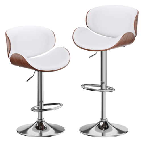 Bar Stools Set of 2 Bentwood Counter Chairs Adjustable Swivel Faux Leather White