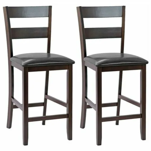 Set of 2 Counter Height Bar Stools Rubberwood Kitchen Dining Chairs Padded Seats