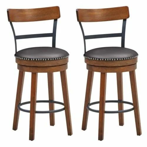 Set of 2 Swivel Upholstered Counter Height Bar Stools Kitchen Solid Rubber Wood