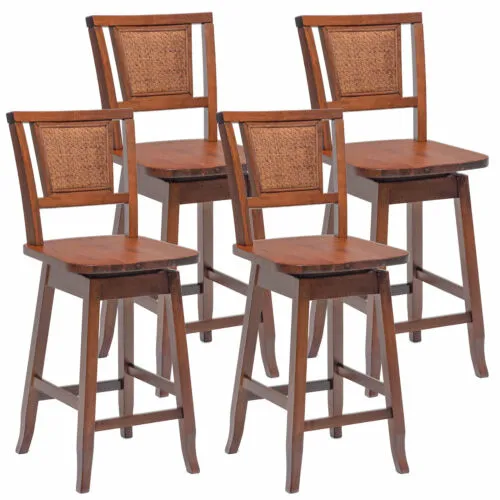 Set of 4 Swivel Bar Stools Counter Height Rubber Wood Pub Chairs w/ Rattan Back