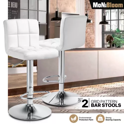 White Set of 2 Bar Stools Leather Square Pub Seat Adjustable Dining Chair w/Back