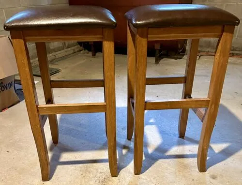 Wood Bar Stools, Brown Faux Leather Tops, 30 Inch Height and 16 Inch Seat