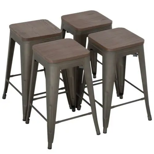 FDW Set of 4 Metal Bar Stools Counter Height Barstool 24 Inches Industrial Ba...