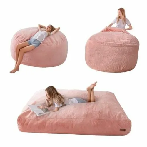 Giant Bean Bag Chair Bed for Adults, Convertible Beanbag Folds from Full Pink