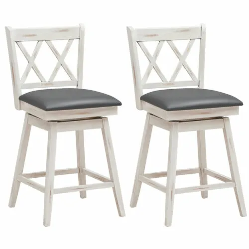 Set of 2 Barstools Swivel Counter Height Chairs w/Rubber Wood Legs Antique White