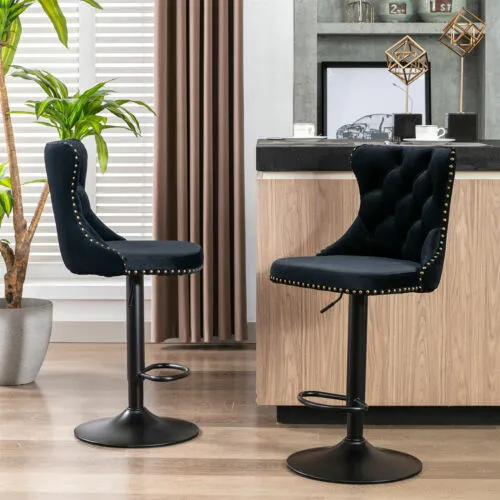 Set of 2 Black Swivel Bar Stool Counter Height Adjustable Kitchen Dining Chair