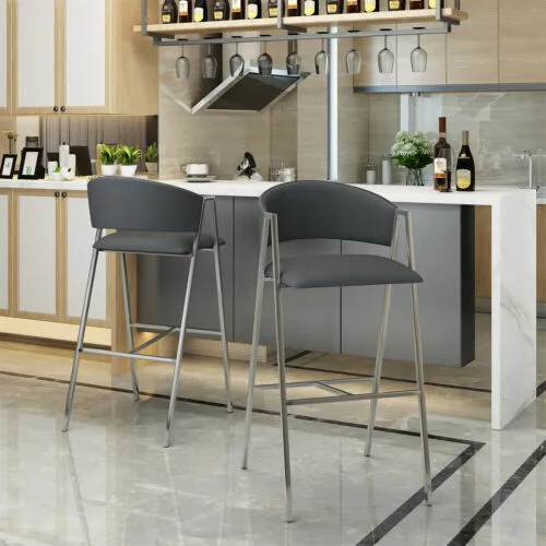 Set of 2 Leather Bar Stools Bar Chairs Kitchen Counter Height Dining Chair Grey