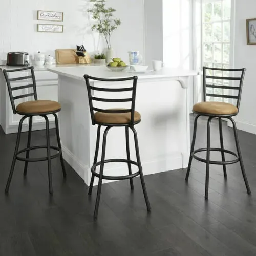 Set of 3 Swivel Bar Stools Adjustable Counter Height Kitchen Tall Chairs Brown