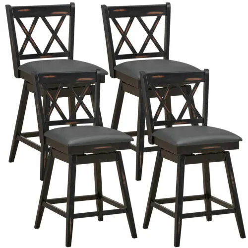 Set of 4 Barstools Swivel Counter Height Chairs w/Rubber Wood Legs Black