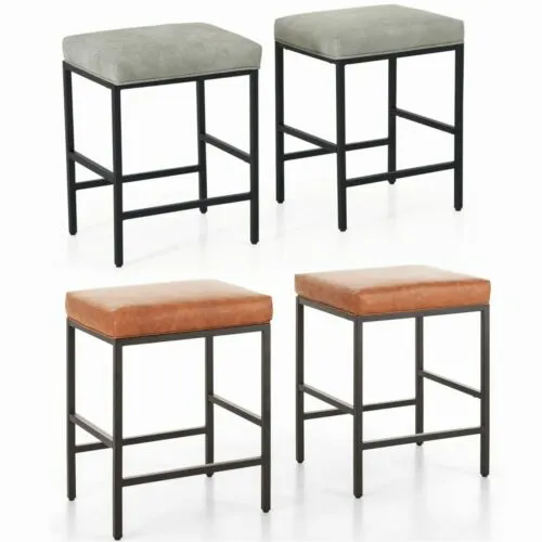 Square Bar Stools Set of 2 Adjustable Height Faux Leather Pub Dining Heavy Duty