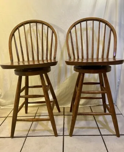 Vintage Matching Pair Windsor Spindle Back Swivel Counter/Bar Stools Solid Maple