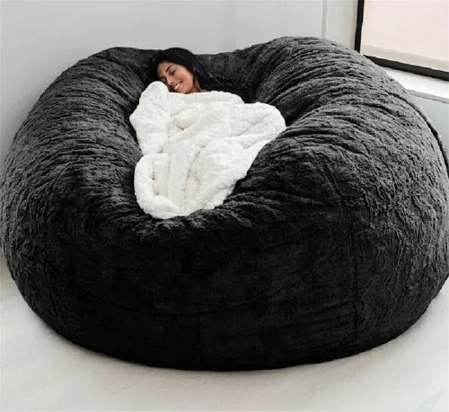 YUMOMUY Giant Bean Bag Chair Cover 7ft - Soft Fluffy Faux Fur, Black, No Filler