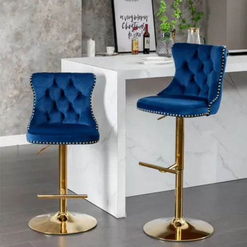 2-Piece Upholstered Golden Swivel Velvet Barstools w/Comfortable Tufted Backs