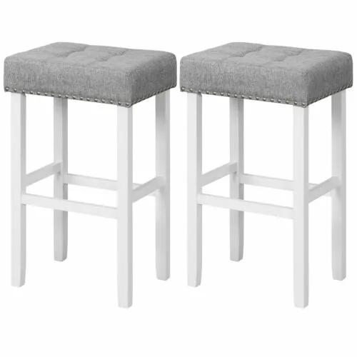 2PCS Bar Stools Tufted Upholstered Bar Height Chairs w/ Rubber Wood Legs