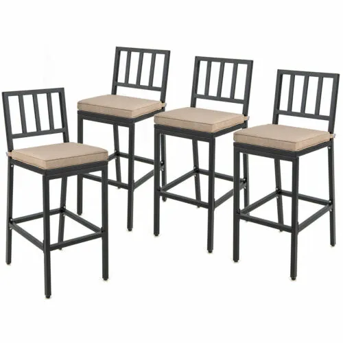 4 PCS Outdoor Metal Bar Stools Bar Height Dining Chairs w/ Beige Cushion