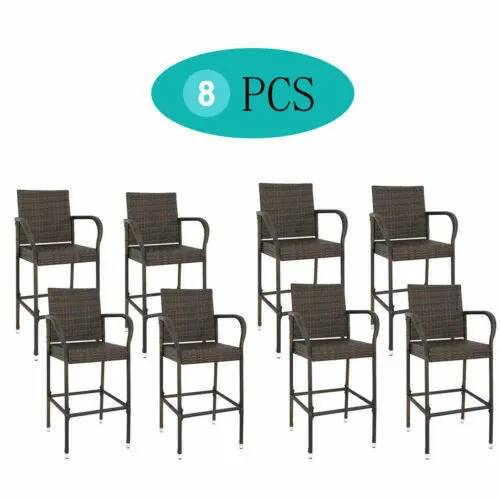 8PCS Outdoor Bar Stools Patio Wicker Counter Stools Rattan Chair with Back Rest