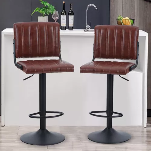 Bar Stools Set of 2 PU Leather Bar Chairs with Back Adjustable Kitchen Height St
