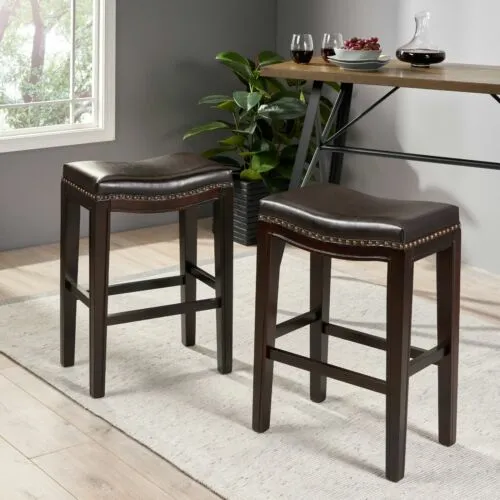 Brown 26-Inch Leather Backless Counter Stools w/ Nailhead Accent (Set of 2)