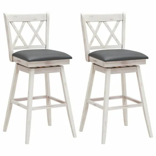 Set of 2 Barstools Swivel Bar Height Chairs with Rubber Wood Legs Antique White