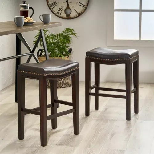 Set of 2 Leather Bar Stools Bar Chair Kitchen Counter Height Dining Chair Brown