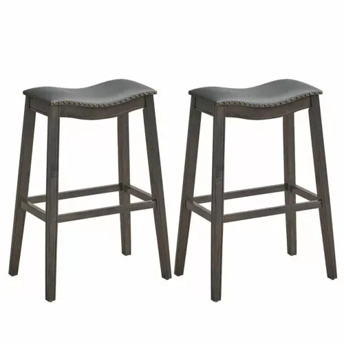 Set of 2 Saddle Bar Stools Bar Height Kitchen Chairs w/ Rubber Wood Legs Brown