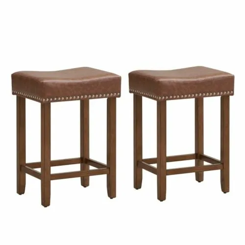 Set of 2 Upholstered PU Leather Seat Rubber Wood Bar Stools Dining Kitchen Chair