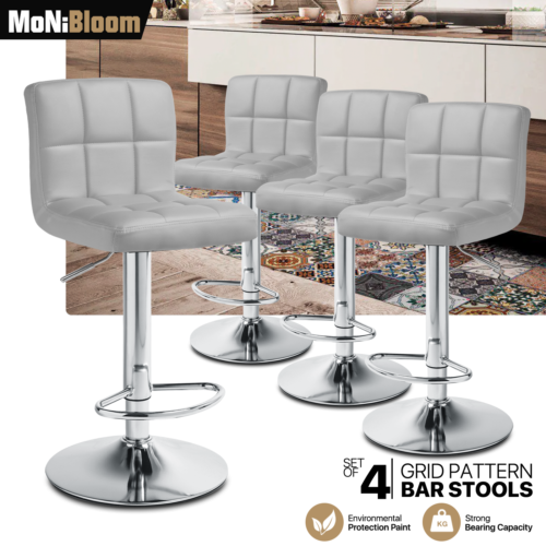 Set of 4 Grey Counter Height Bar Stools Swivel Leather Seat Kitchen Dining Chair