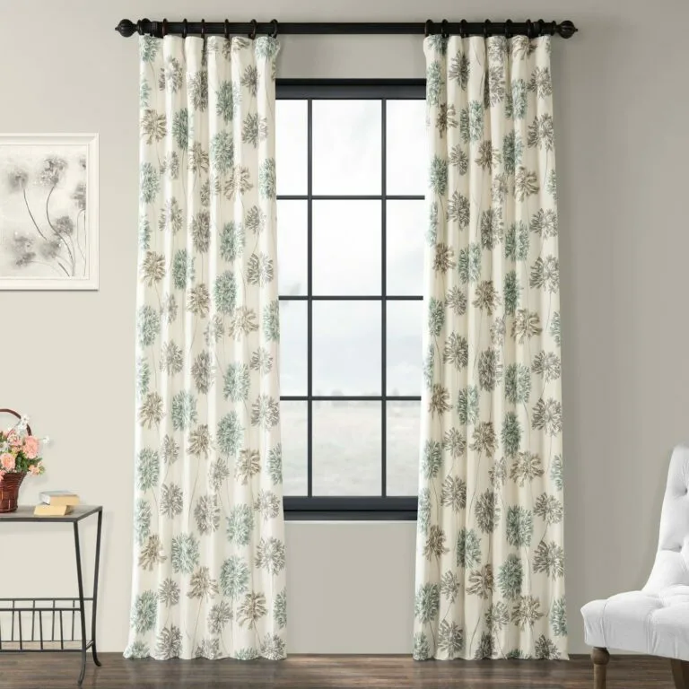 Allium Blue Grey Floral Printed Cotton Room Darkening Curtain