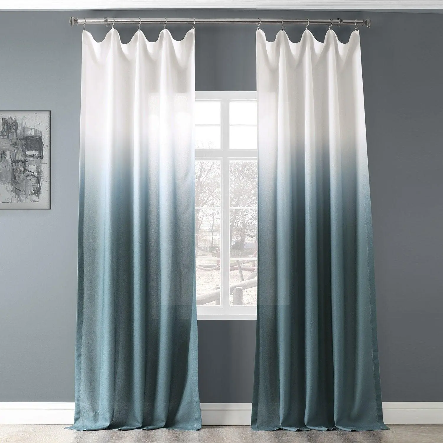 Aqua Abstract Ombre Faux Linen Curtain