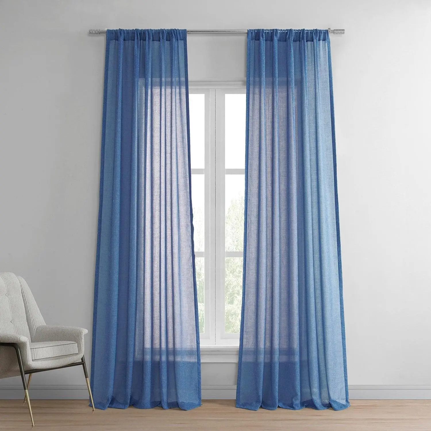 Blue Cyan Faux Linen Sheer Curtain Pair (2 Panels)