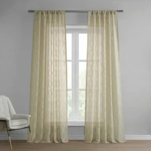 Calais Tile Beige Geometric Patterned Faux Linen Sheer Curtain