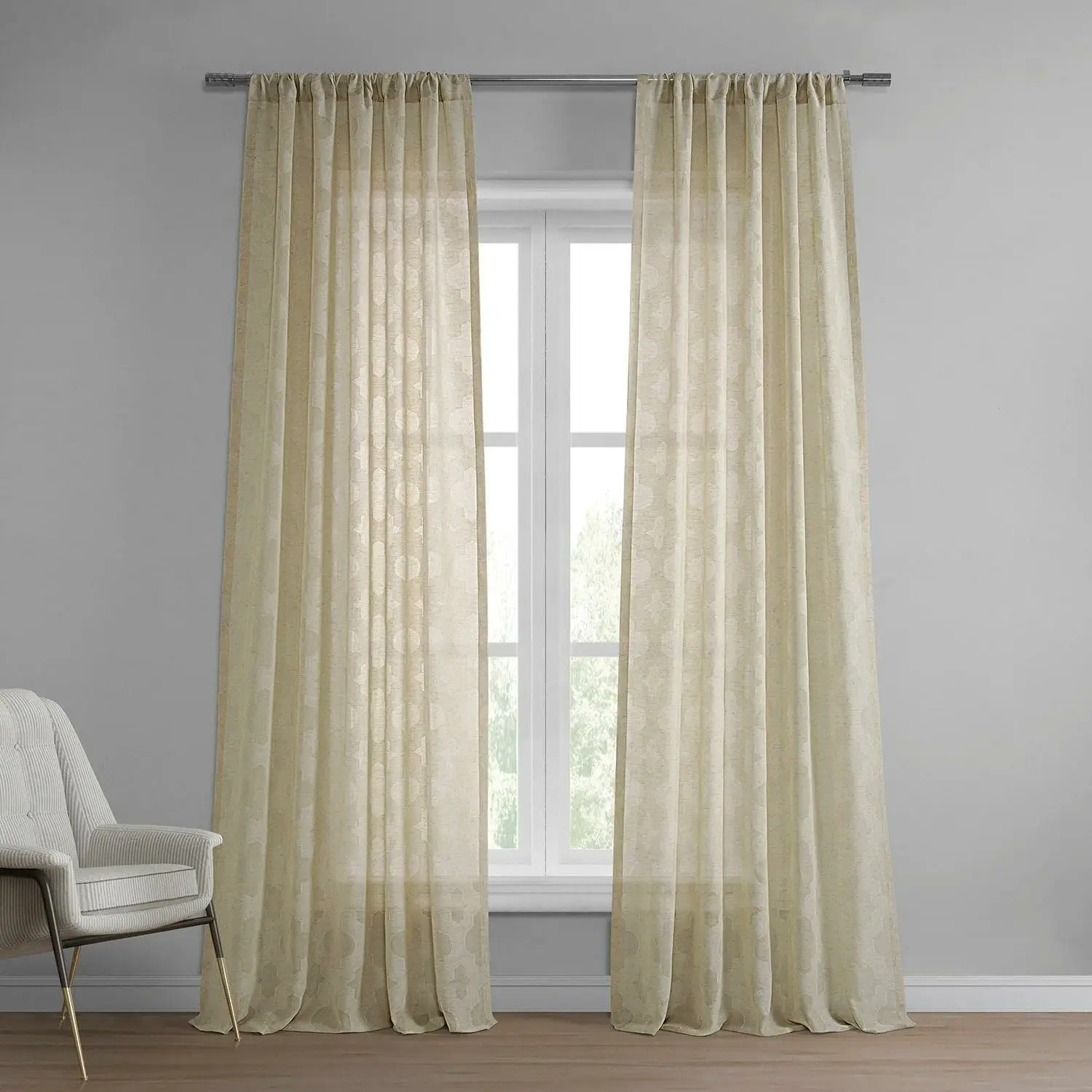 Calais Tile Beige Geometric Patterned Faux Linen Sheer Curtain