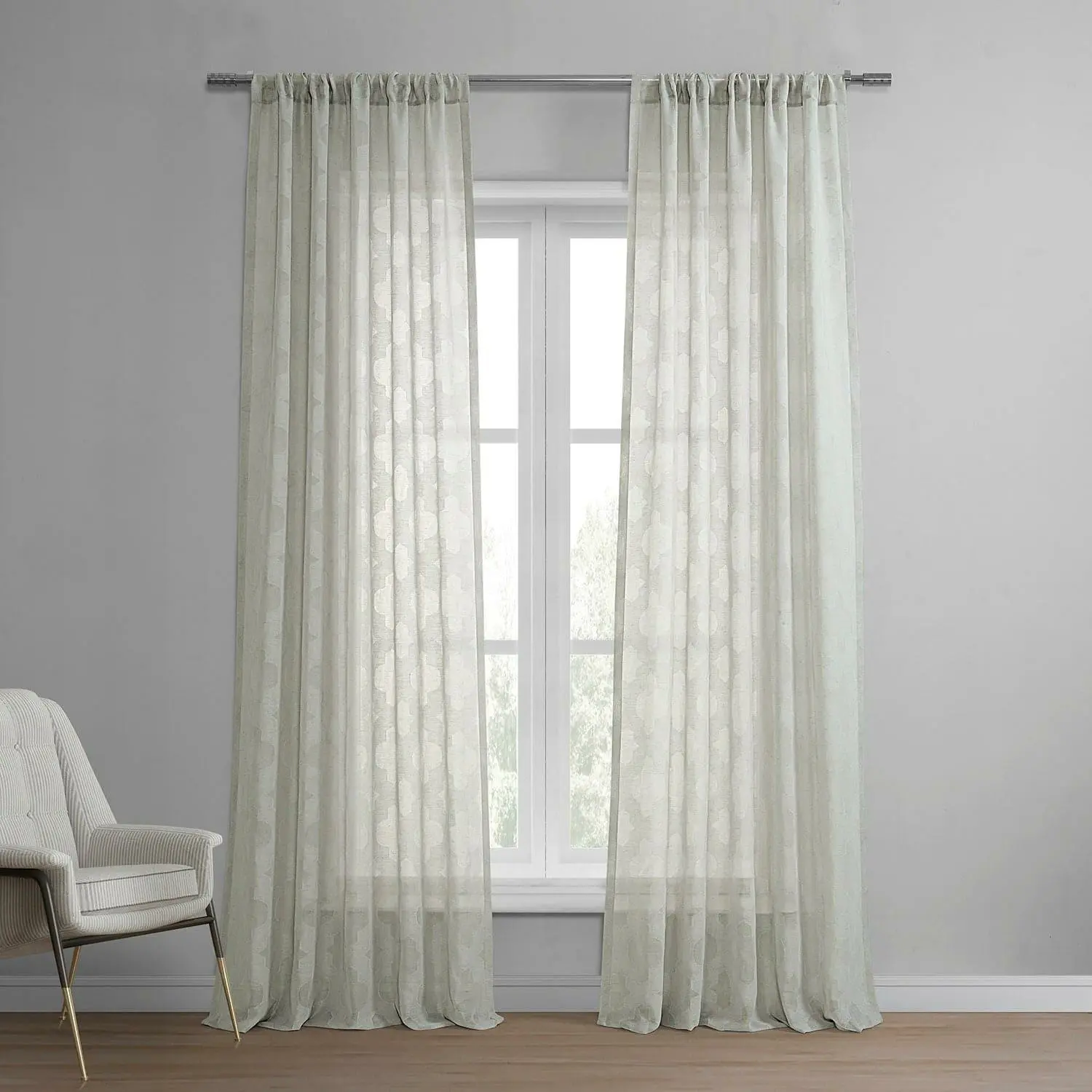 Calais Tile Grey Geometric Patterned Faux Linen Sheer Curtain