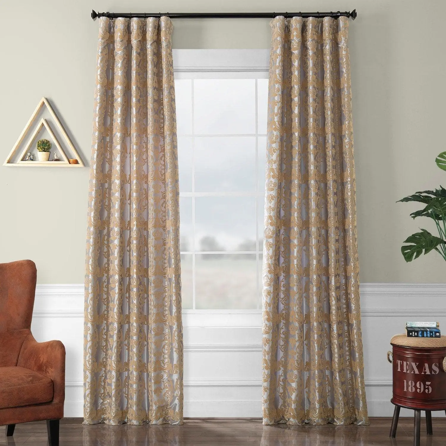 Firenze Platinum & Gold Damask Designer Flocked Room Darkening Curtain