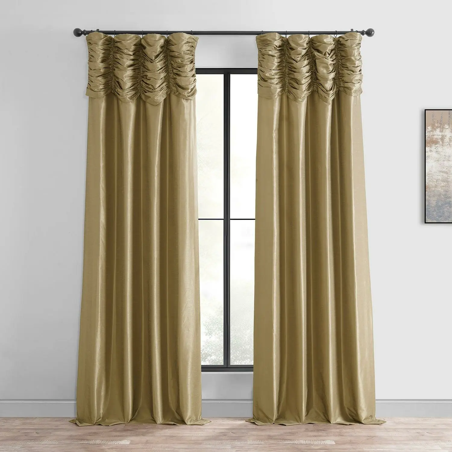 Flax Gold Ruched Vintage Textured Faux Dupioni Silk Curtain