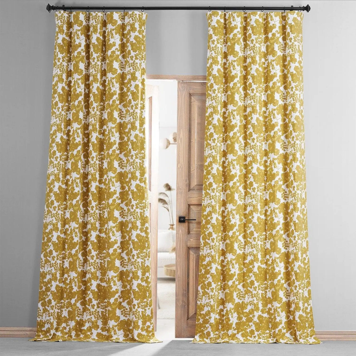 Fleur Gold Floral Printed Cotton Hotel Blackout Curtain