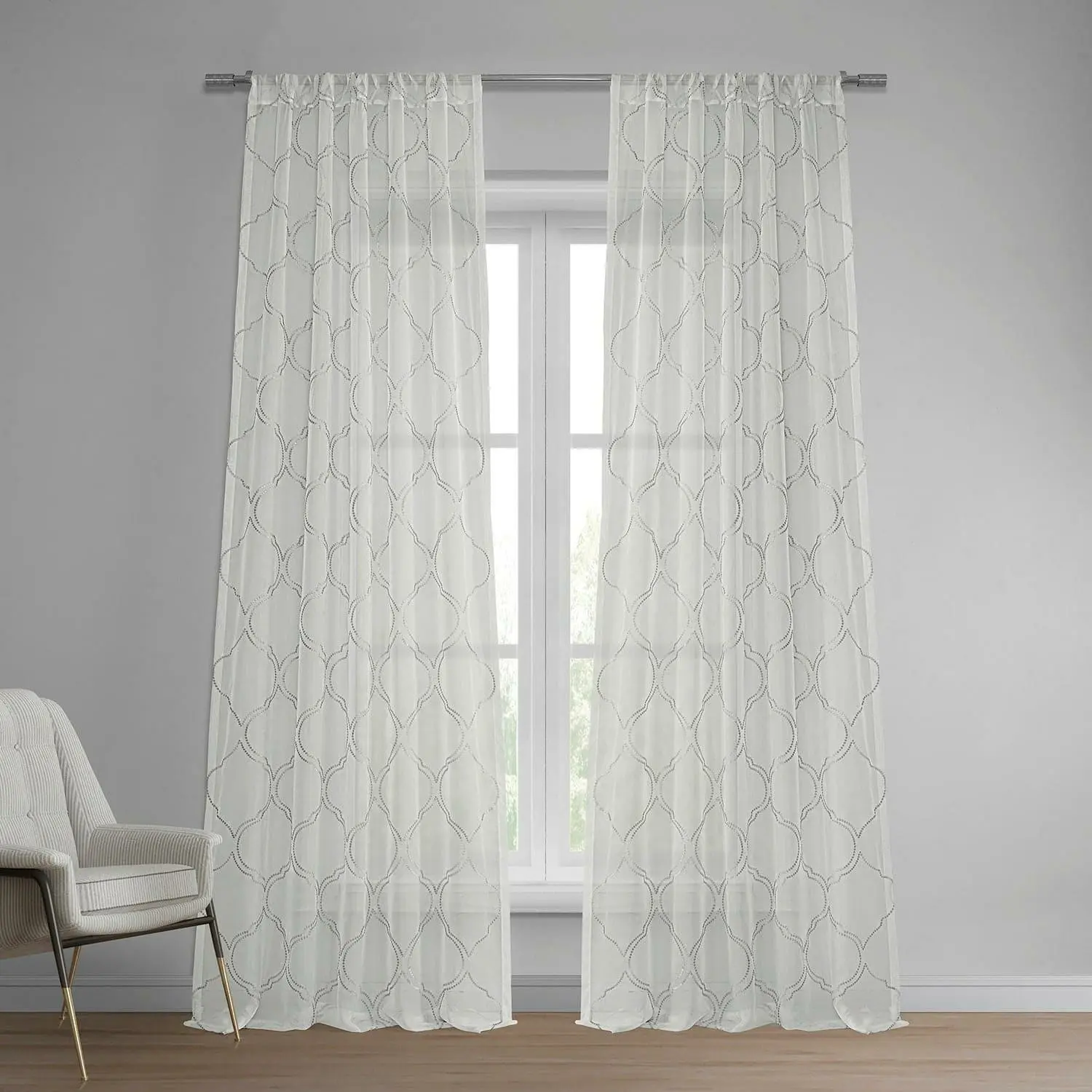 Florentina Silver Geometric Embroidered Polyester Sheer Curtain