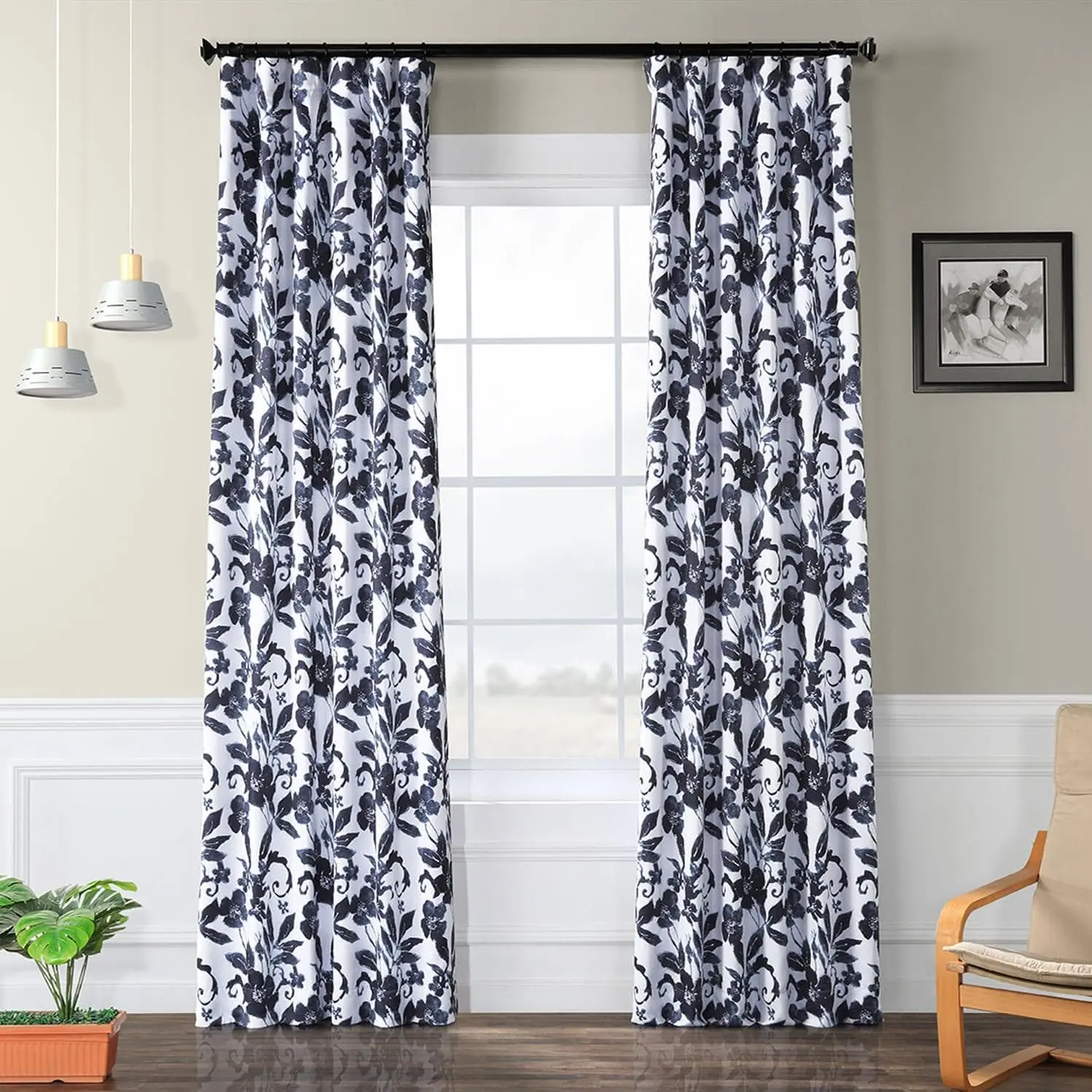 Hibiscus Blue Floral Room Darkening Curtain