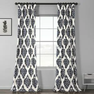 Ikat Blue Damask Printed Cotton Room Darkening Curtain