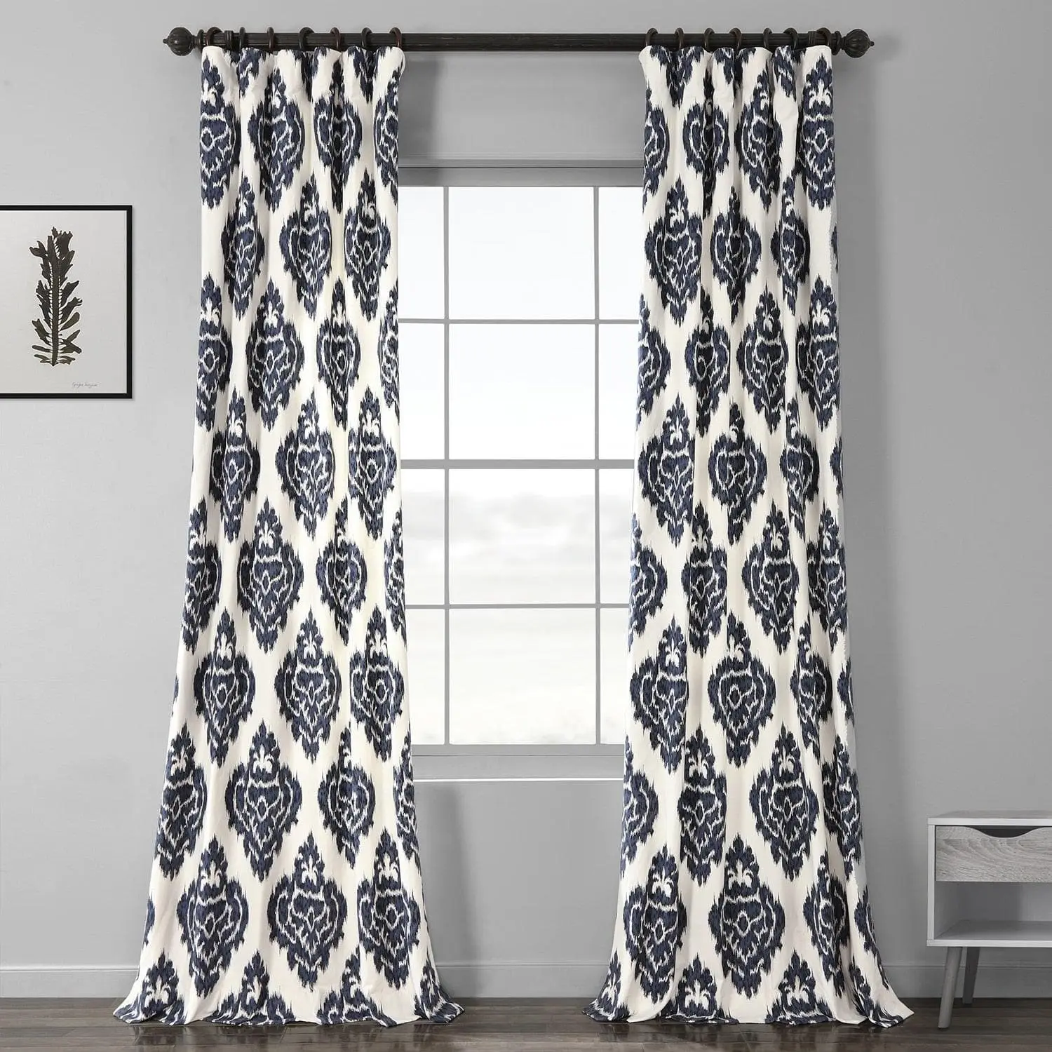 Ikat Blue Damask Printed Cotton Room Darkening Curtain