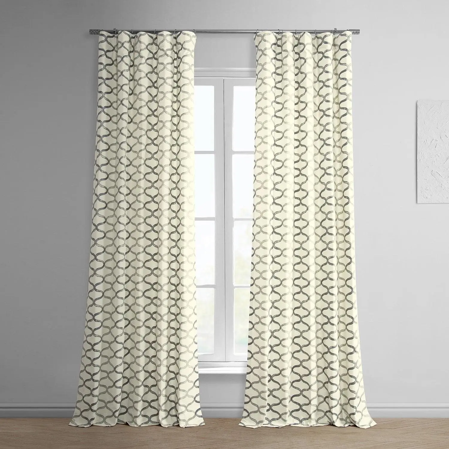 Illusions Silver Grey Geometric Printed Cotton Room Darkening Curtain