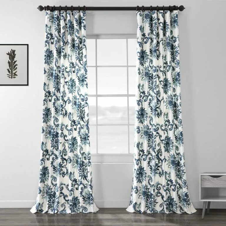 Indonesian Blue Floral Printed Cotton Room Darkening Curtain