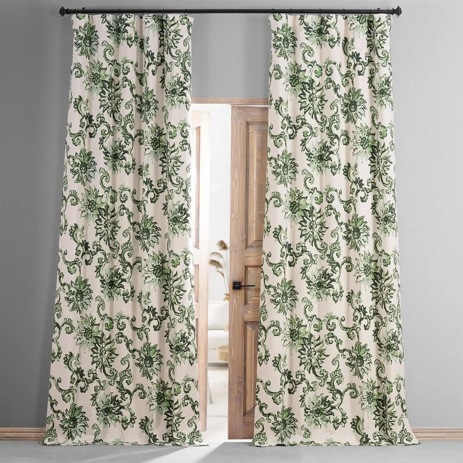 Indonesian Green Floral Printed Cotton Hotel Blackout Curtain