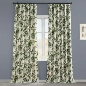 Indonesian Green Floral Printed Cotton Room Darkening Curtain